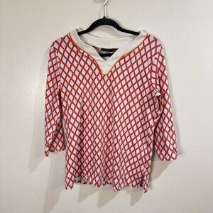 Susan Graver Weekend Blouse Tunic M White Orange Pink Diamond Argyle V-neck